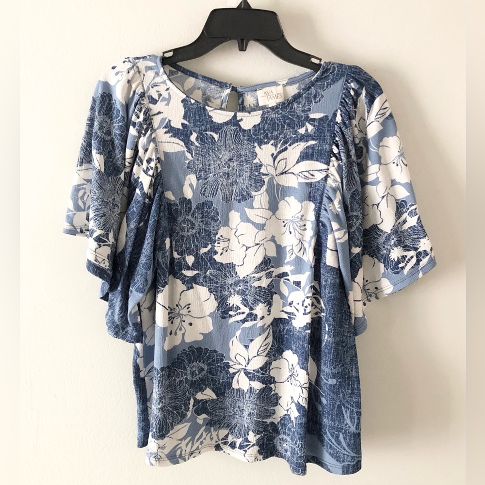 Ava James Blue Floral Flutter Sleeve Top